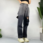 Jean déchiré à coutures dégradées de couleurs, style hipster urbain, coupe droite, pantalon large